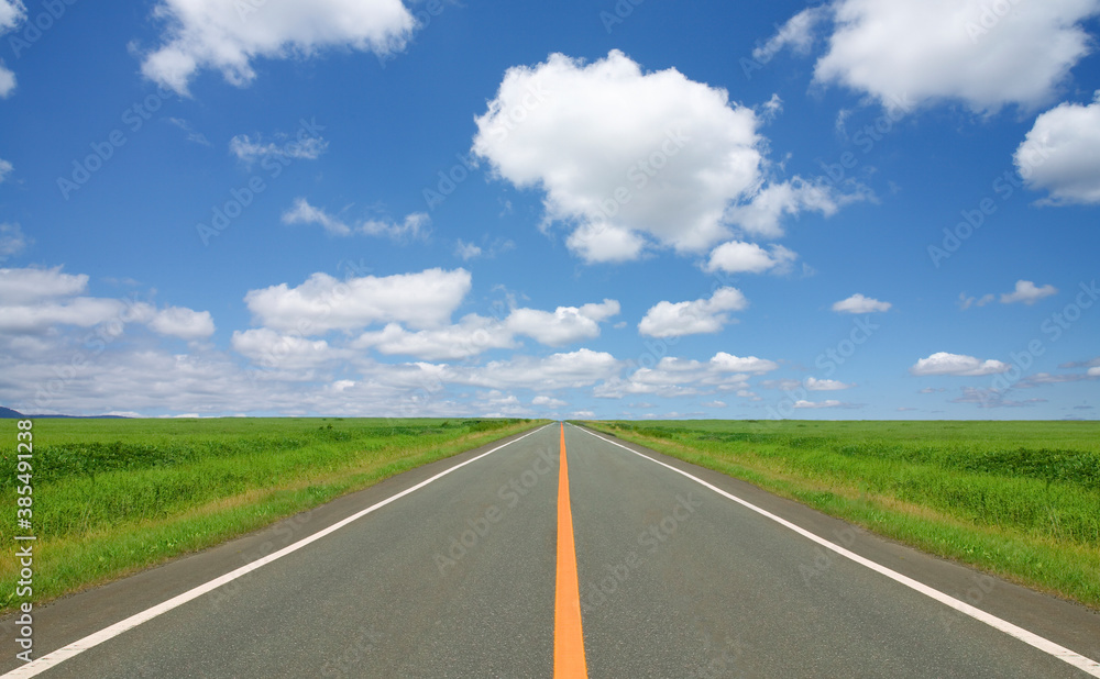 草原の直線道路と雲