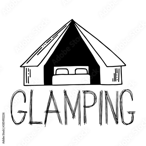 Vector illustration in doodle style. Outdoor goods and glamping. Use for label and logo. Eps 10.