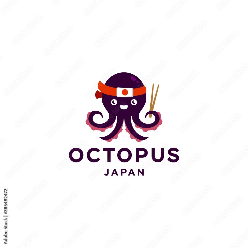 octopus logo. octopus icon with japan flag headband with chopsticks on the tentacle