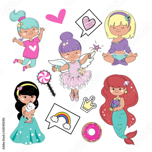 Set of cartoon little princesses. Mermaid, fairy, girl doing yoga, jumping on a white background isolated