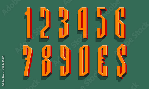 Precise orange red black 3d numbers and currency signs with shadow. Volumetric display font.