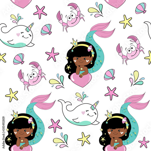 Vector stock illustration with a little girl afro american mermaid and whale unicorn, starfish and crab on a white background seamless pattern for girl