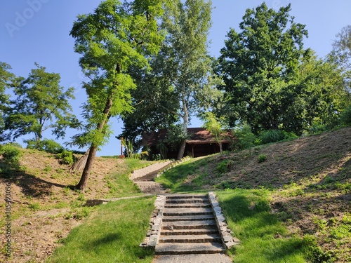 landscape design in the park with stairs in summer