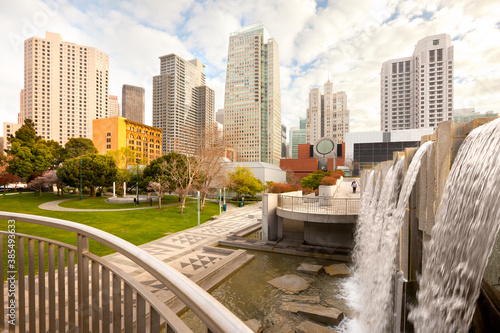 Photography Yerba Buena Gardens and downtown city skyline of San Francisco