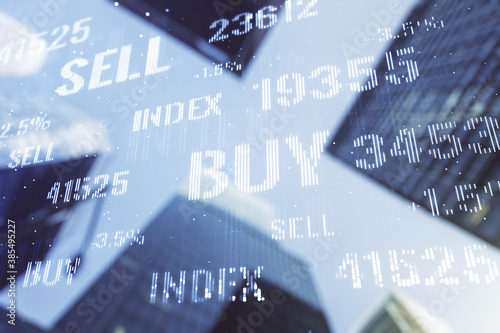 Double exposure of abstract financial graph on office buildings background, financial and trading concept