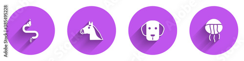 Set Snake, Horse head, Dog and Jellyfish icon with long shadow. Vector.