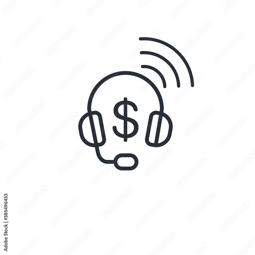 Dollar, microphone, headphones, online transmission. Financial news. Vector linear icon isolated on white background.