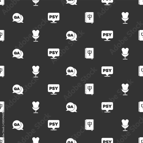 Set Psychology book, Psi, Armchair, Question and Answer and Psychology, on seamless pattern. Vector.