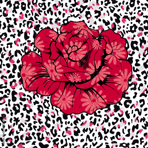 Vector illustration of a pink flower on animal print background