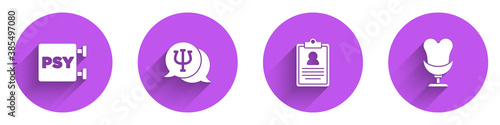 Set Psychology, Psi, , Medical clipboard and Armchair icon with long shadow. Vector.