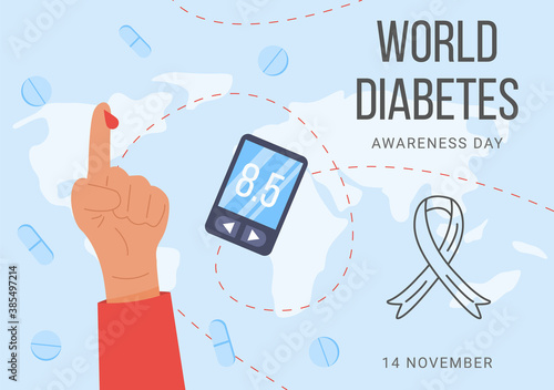 Banner for World diabetes awareness day with world map on background. Arm and finger with blood drop, digital glucometer and ribbon. Poster for diabetes blood sugar level test. Vector illustration.