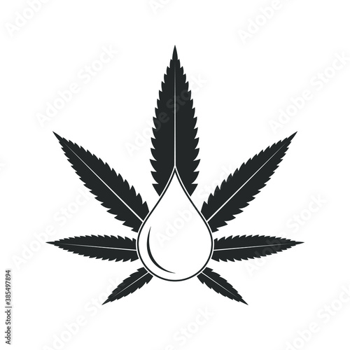 Cannabis oil graphic icon. Sign CBD oil drop with cannabis leaf  isolated on white background. Medical symbol. Vector illustration