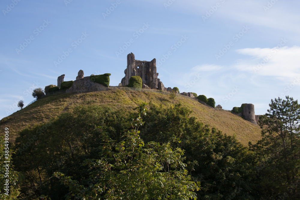 The remains of Corfe Castle in Corfe in Dorset in the United Kingdom