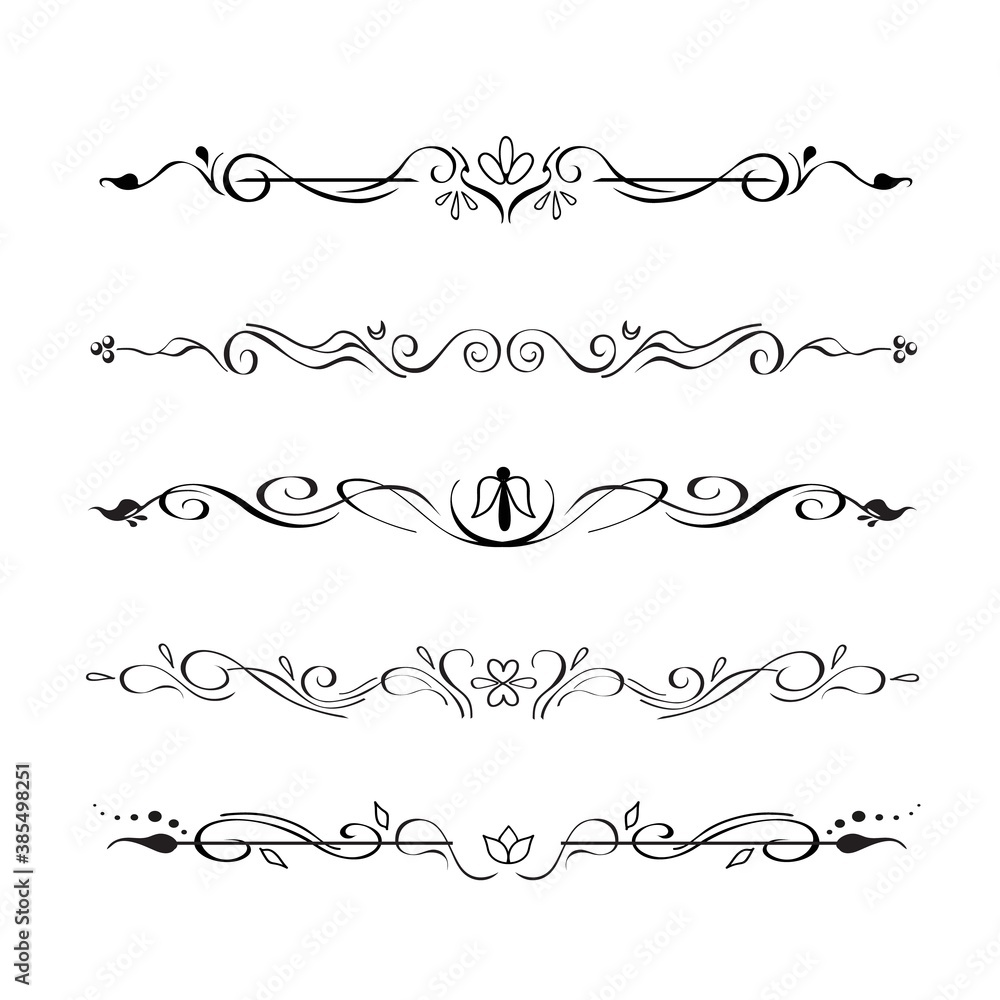 Collection of hand drawn text dividers, vignettes. Elegant oriental, victorian style separators, paragraphs, page decor, for creating frames. Ornate floral design elements for prints, websites