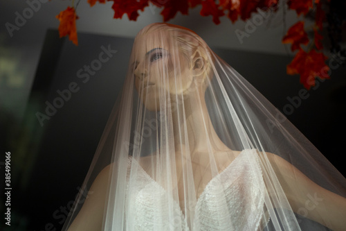 Wedding veil on a mannequin. Transparent white cloth on a plastic mannequin. Demonstration of the wedding accessory. Shooting in the dark with lightweight fabric. photo