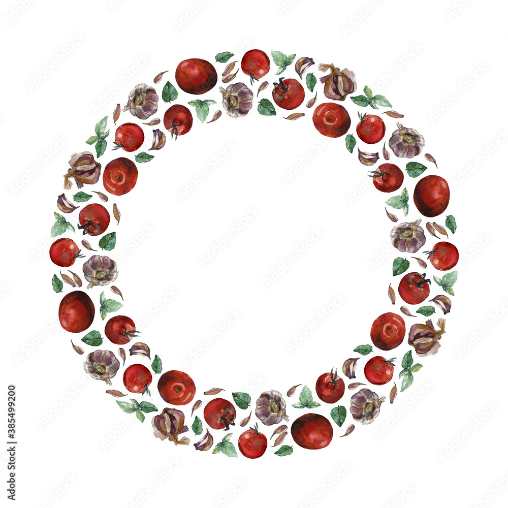 Fototapeta premium Wreath of red cherry tomatoes, green basil leaves and garlic cloves and bulbs, isolated on white. Watercolour illustration. For cookbook, card, invitation, recipe, menu and packaging design.