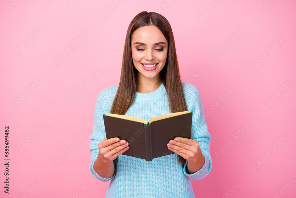 Photo of pretty attractive lady hold book hands interesting reading spend free time with favorite hobby wear knitted blue pullover isolated pastel pink color background Photo of pretty attractive lady hold book hands interesting reading spend free time with favorite hobby wear knitted blue pullover isolated pastel pink color background