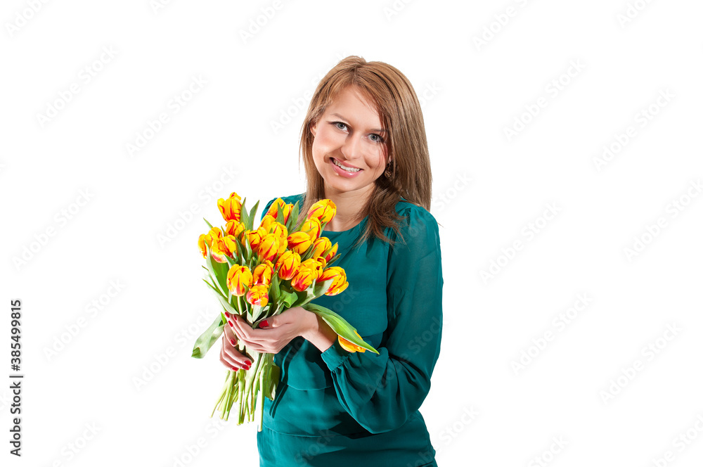 Beautiful blonde woman with tulips bouquet Beautiful blonde woman with tulips bouquet