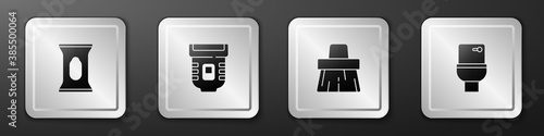 Set Wet wipe pack, Epilator, Handle broom and Toilet bowl icon. Silver square button. Vector.