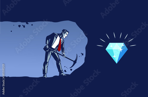 Hard Worker Businessman Digging with Iron Miner Pickaxe Getting Closer to Shinning Diamond. Business Illustration Concept of Persistent Work will Gain Result