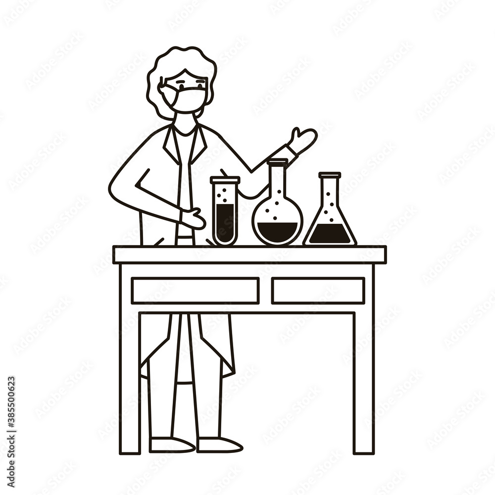 Fototapeta premium female doctor wearing medical mask woking in laboratory desk line style icon