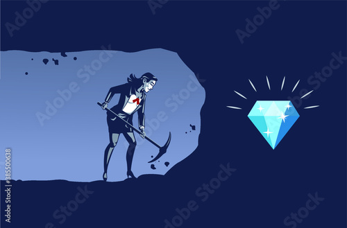 Hard Worker Business Woman Digging with Iron Miner Pickaxe Getting Closer to Shinning Diamond. Business Illustration Concept of Persistent Work will Gain Result