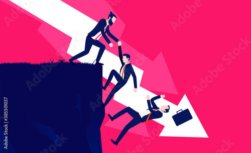 Economic collapse - Businesspeople struggling on cliff with downward pointing arrow in background. Financial failure and business bankrupt concept. Vector illustration.