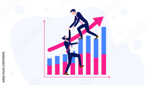 Financial aid - Businessman standing on graph, helping friend to economic success. Economic help, support and growth concept. Vector illustration.