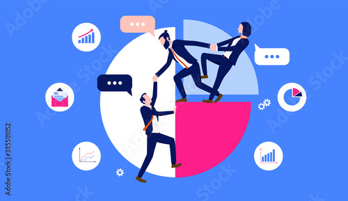 Business teamwork illustration - Businesspeople working together and giving a helping hand on pie chart with business icons in background. Vector format.