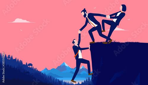 Unstoppable business team - Business team climbing to top, helping and supporting each other. Conquering adversity, teamwork and success concept. Vector illustration.