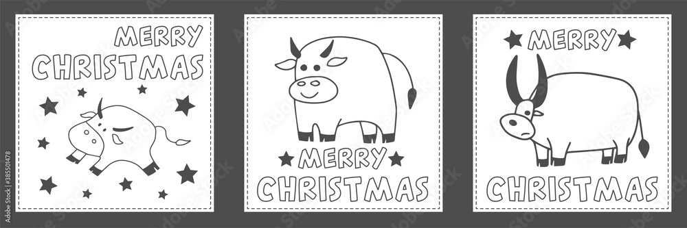 Obraz premium Vector set of Christmas postcards. Doodle bulls or cows with text, isolated on white background