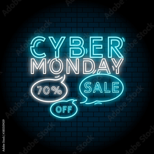Cyber Monday banner. Big sale retro neon poster