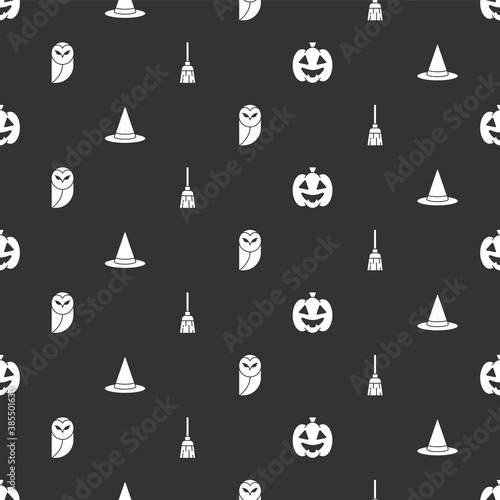 Set Pumpkin, Witch hat, Owl and Witches broom on seamless pattern. Vector.