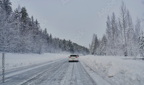 Frosty winter road in Norrbotten, Sweden