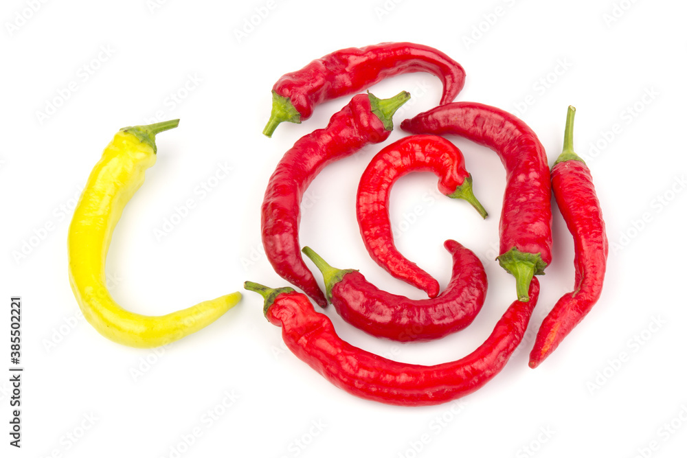 Red and yellow hot chili pepper isolated on white background. Close-up Red and yellow hot chili pepper isolated on white background. Close-up