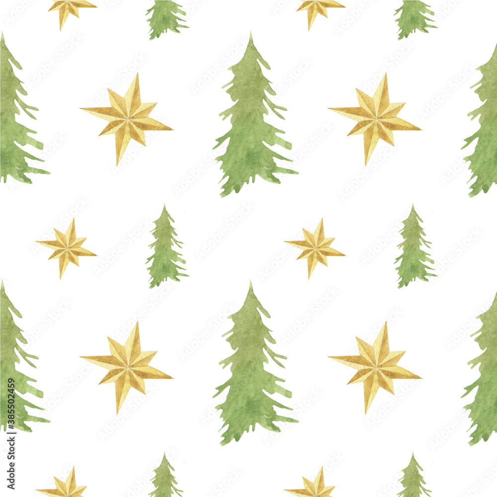 Seamless pattern with watercolor Christmas tree and star. Festive background. Christmas and New Year theme. For design. Seamless pattern with watercolor Christmas tree and star. Festive background. Christmas and New Year theme. For design.