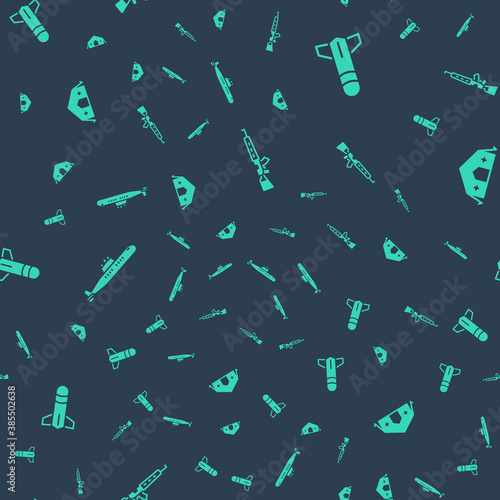 Set Sniper rifle with scope, Rocket, Submarine and Military medical tent on seamless pattern. Vector.
