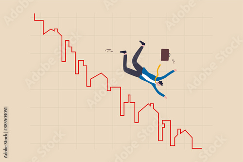 Real estate market price down chart, down turn homebuyer or property investment concept, businessman homebuyer, investor or real estate agent falling from house and building red plunge graph and chart