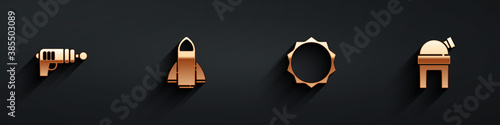 Set Ray gun, Rocket ship, Sun and Astronomical observatory icon with long shadow. Vector.