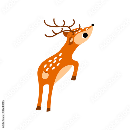 Cute cartoon jumping deer. Side view. Nice woodland character isolated on white background. Vector illustration.