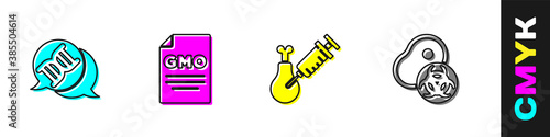 Set DNA symbol, GMO, Gmo research chicken and Genetically modified meat icon. Vector.