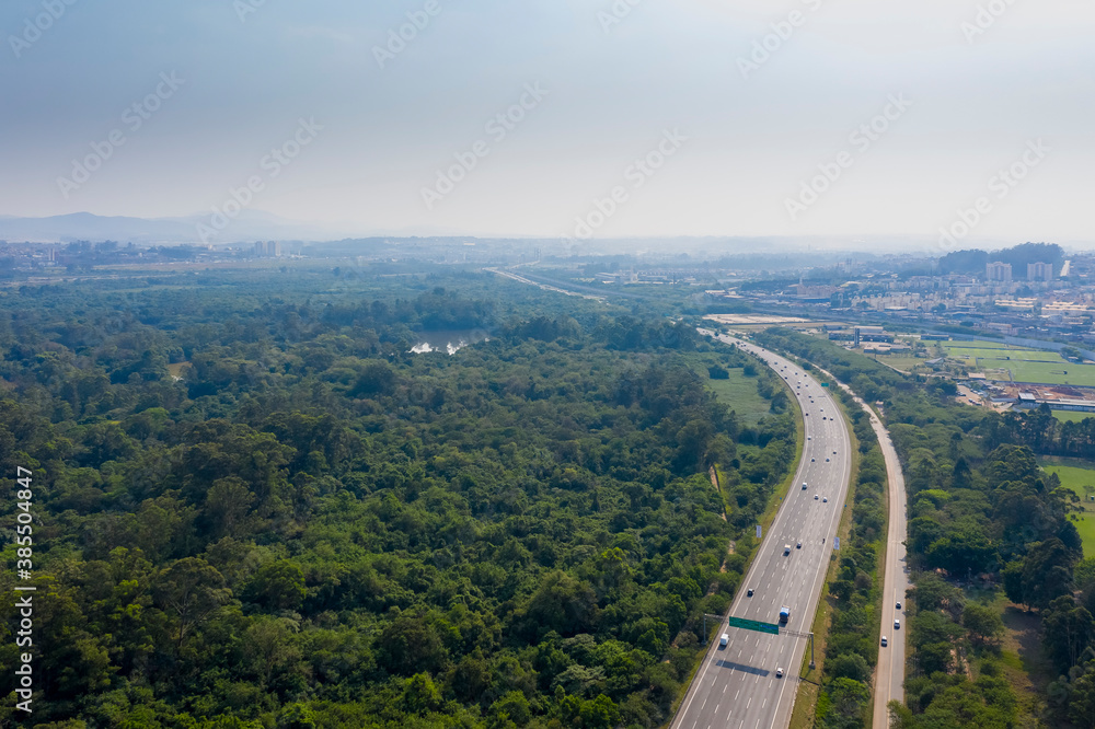 Ayrton Senna highway next to the Tiete ecological park in Sao Paulo, Brazil, seen from above