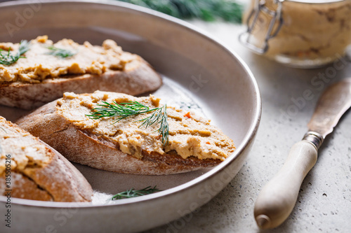 Toasts with pate and fresh dill. Healthy appetizer.