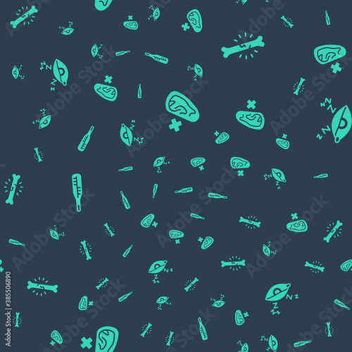 Set Deaf, Bone pain, Medical thermometer and Insomnia on seamless pattern. Vector.