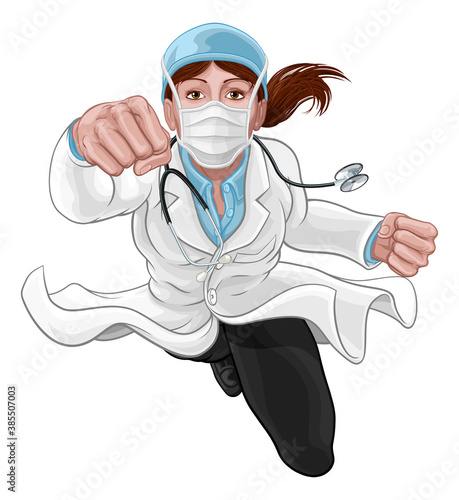 A super hero woman doctor concept. A female medical healthcare professional as a superhero flying through the air. Wearing face mask PPE