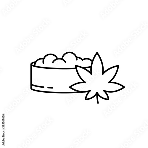 Hemp powder in box. Linear icon of marijuana grinder. Black simple illustration of ground dry flour of plant. Contour isolated vector pictogram on white background