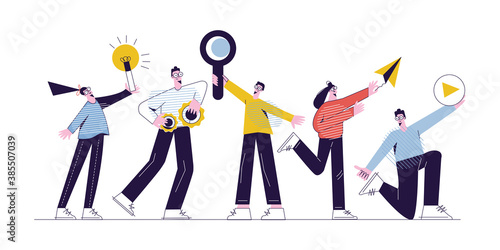 Teamwork concept. Young men and women are working. Programming, coding, testing, launching. Software life cycle. Modern flat vector illustration with characters isolated on white background