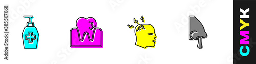 Set Liquid antibacterial soap, Tooth with caries, Man having headache and Runny nose icon. Vector.