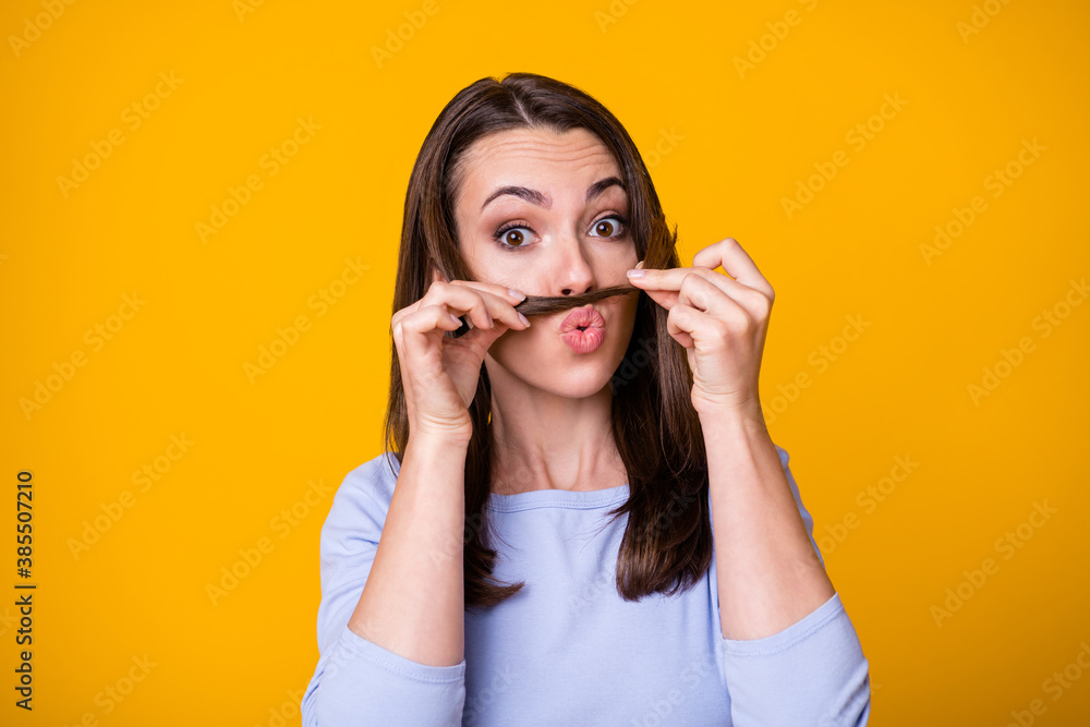 Photo of funny funky girl want joking make fake hairstyle mustache wear purple clothes isolated over bright shine color background Photo of funny funky girl want joking make fake hairstyle mustache wear purple clothes isolated over bright shine color background