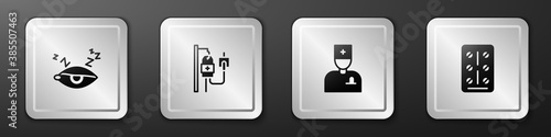 Set Insomnia, IV bag, Male doctor and Pills in blister pack icon. Silver square button. Vector.